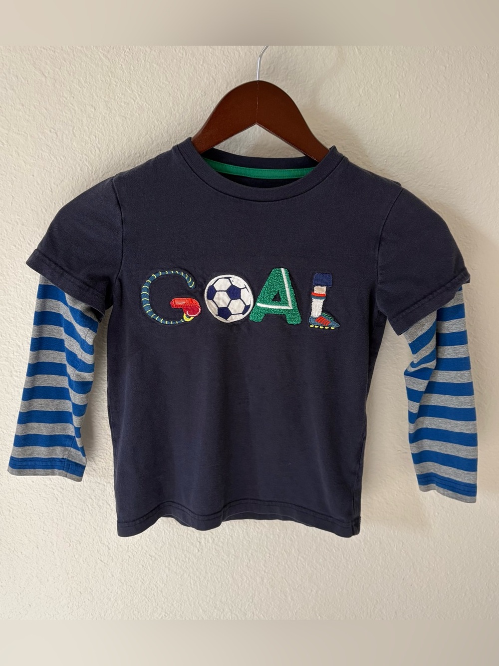 Mini Boden Long Sleeve ‘GOAL’ Appliqué Layered Shirt 5-6Y